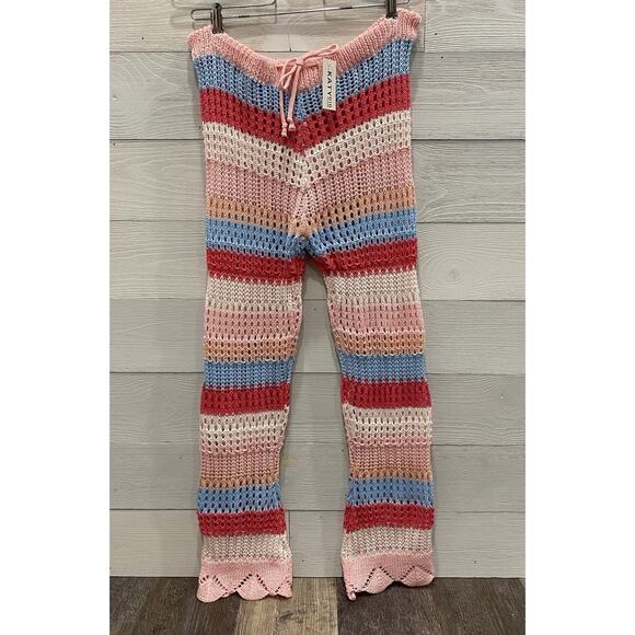 Womens Crochet Pants Sz Medium NEW Pink & Blue Knit Summer Beach Vacation Resort - Picture 10 of 11
